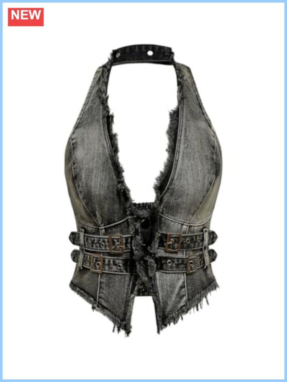 Floerns Sleeveless Halter Backless Fringe Denim Vest Tank Top